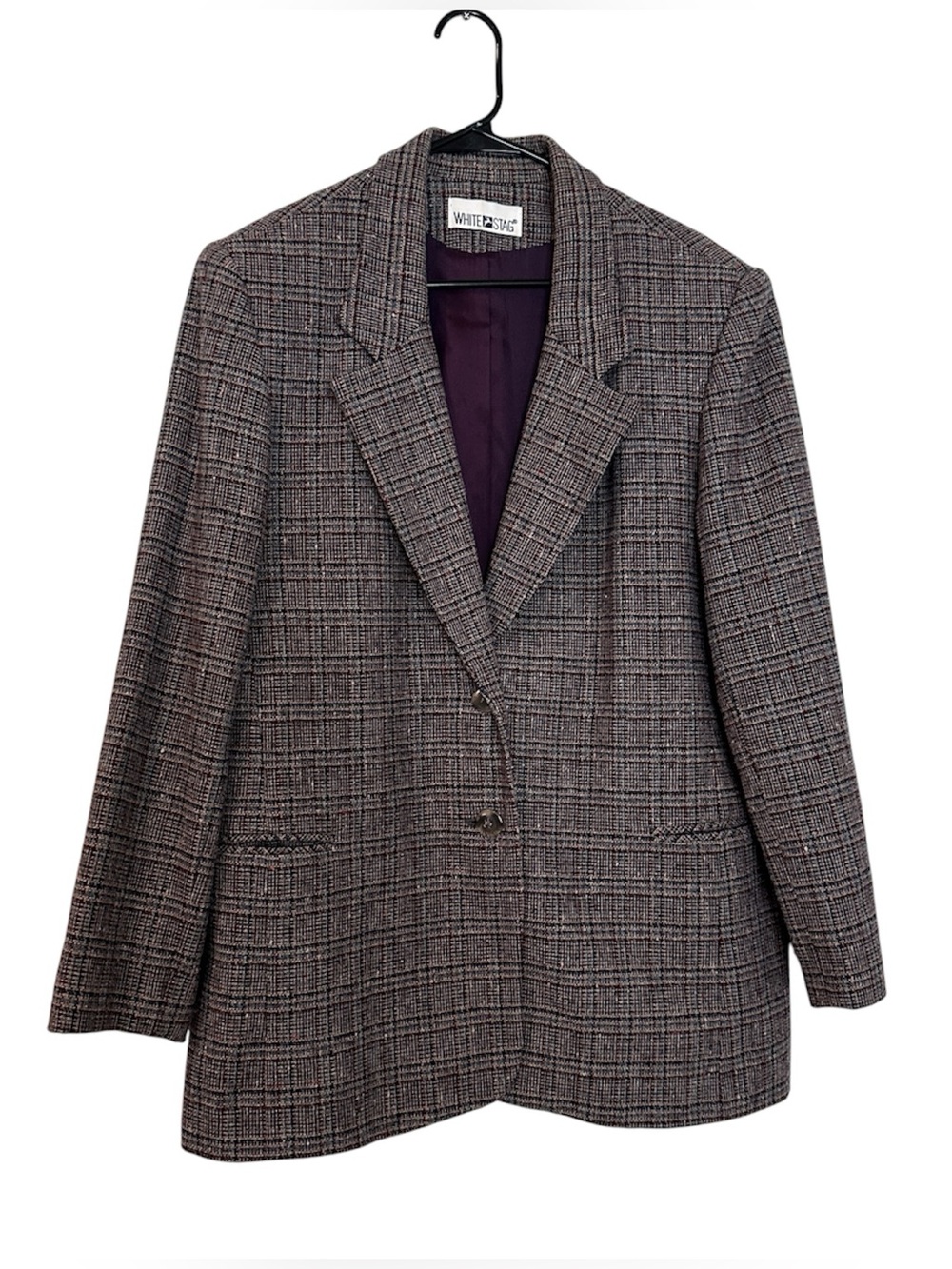 VTG White Stag Wool Plaid Blazer Jacket | Size Large | Brown Grey Purple